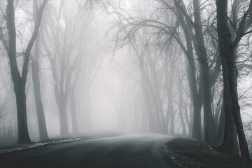 Obraz premium Eerie winding road disappearing into a dense forest on a foggy morning