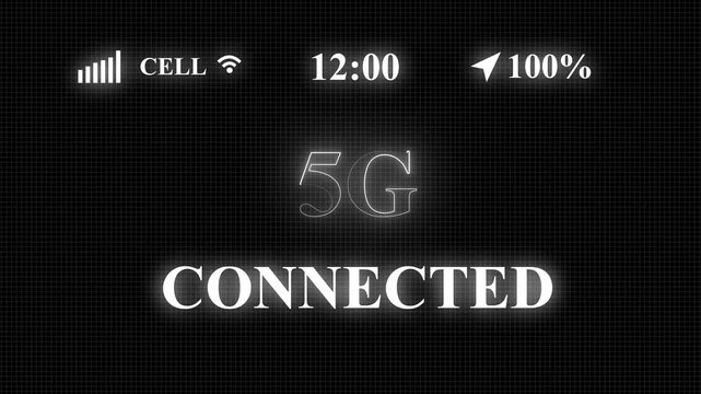 5G network connected appear on old display. Pixelated text animation with phone hd. 45k to 60 fps. symbolizing advanced wireless Internet Connection of Internet of things IOT, Technology Network