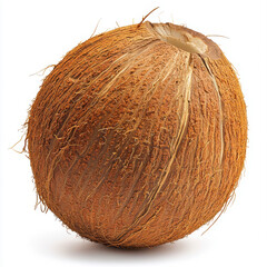 Whole brown coconut with husk intact on white background