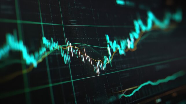 Financial Candle Chart with Price Movement and Graph on a Dark Monitor Display