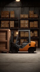 Naklejka premium Forklift Truck Lifting Wooden Crate Box in Warehouse Setting with Storage Racks