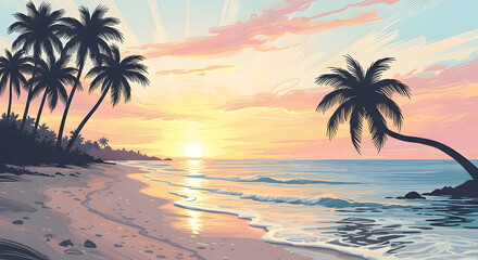 Tropical Beach with Silhouetted Palm Trees at Colorful Sunset