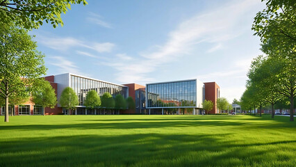 Architectural rendering of a modern corporate building with a glass facade, set in a green park on a sunny day.