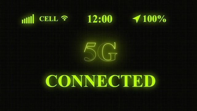 5G network connected appear on old display. Pixelated text animation with phone hd. 45k to 60 fps. symbolizing advanced wireless Internet Connection of Internet of things IOT, Technology Network