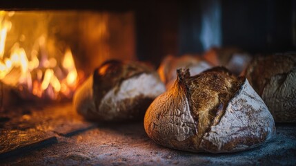 Obraz premium Golden light illuminates freshly baked bread loaves inside of a traditional woodfired oven