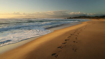 Fototapeta premium Golden sunlight kisses ocean waves and sandy shore with a trail of footprints