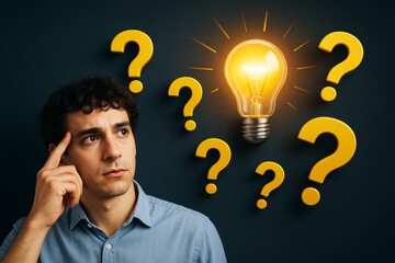 Thoughtful man surrounded by question marks and glowing light bulb on dark background symbolizing idea and innovation concept in business thinking.