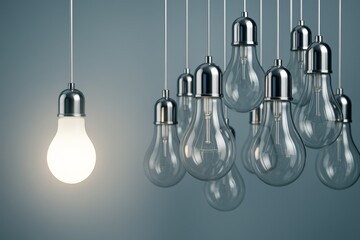 One illuminated light bulb among many unlit bulbs hanging against a soft blue background symbolizing individuality and creative business ideas.