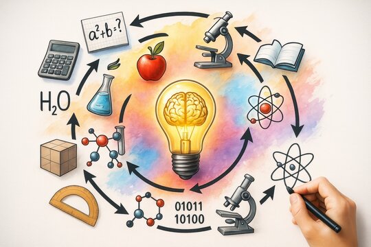 Creative science and education concept with colorful background and icons like microscope, atom, brain, and formulas around glowing light bulb.