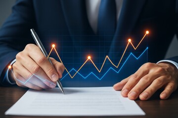Businessman signing document with abstract glowing financial chart on dark background, symbolizing growth, investment and economic success.