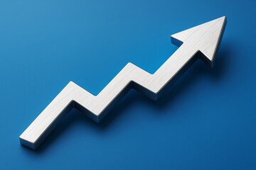 Metallic upward arrow symbolizing growth or success on blue background, representing business progress and financial increase concept..