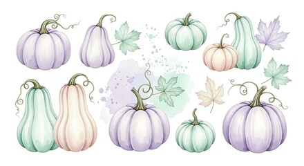 Pastel Pumpkins and Maple Leaves Watercolor Seamless Pattern on White, Autumn Harvest Design with Purple, Green