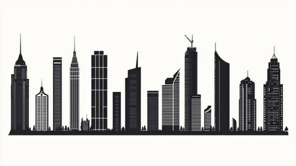 Obraz premium Urban Skyline Silhouette of Tall Buildings Against a White Background