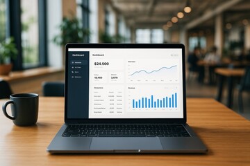 Laptop screen displaying financial dashboard mockup on wooden table in modern office with natural light and blurred background in focus. Ai generative