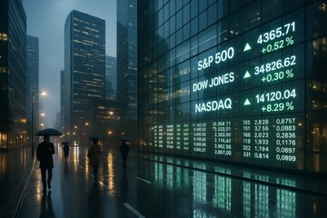 Business people walking in financial district at night with stock market data displayed on skyscraper glass facade in rainy weather. Ai generative
