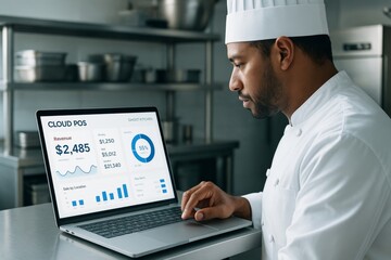 Chef analyzing cloud POS business data on laptop screen in commercial kitchen background, illustrating modern restaurant management concept. Ai generative