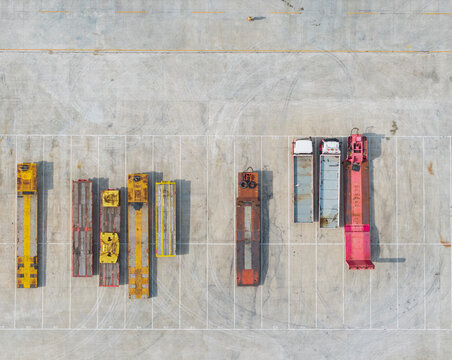 Heavy Transport Trailers Parking Lot Aerial View