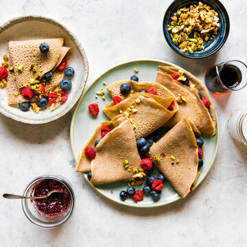 Buckwheat pancakes with berries and chia jam