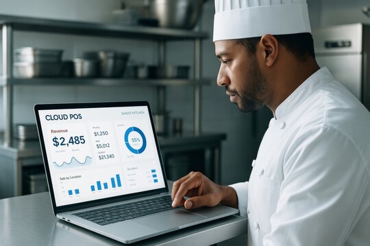 Chef analyzing cloud POS business data on laptop screen in commercial kitchen background, illustrating modern restaurant management concept. Ai generative