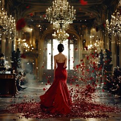 Elegant Woman in Red Gown Walking Through Rose Petals in Grand Ballroom.
