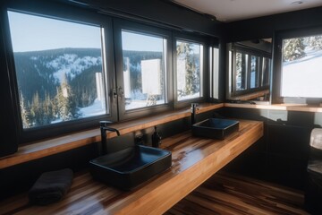 Fototapeta premium Modern bathroom with mountain view