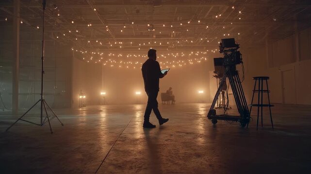 Dramatic lowangle view of actor holding a wellused script in sparse studio illuminated by floor lights while director watches thoughtfully beside camera setup.