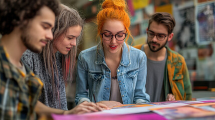 Young Creative Team Collaborating on Art Projects in Bright Studio