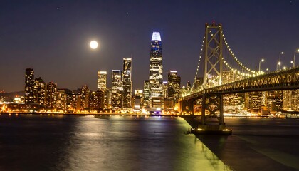 Fototapeta premium City skyline bridge night moon