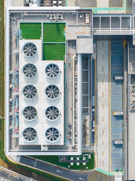 Aerial View of Semiconductor Factory Rooftop with Cooling Fans