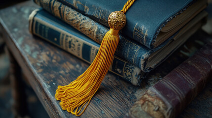 Vintage Books with Decorative Tassel on Rustic Wooden Table