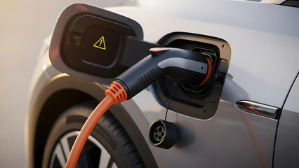 Modern electric vehicle recharging its battery with a power cord plugged into the charge port at sunset.
