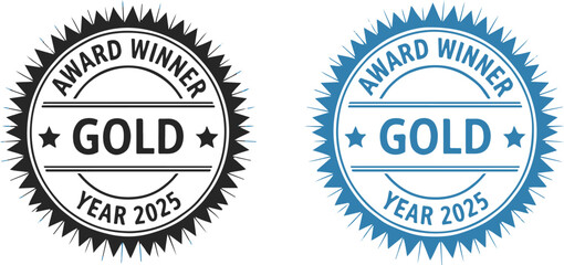 Award Winner Gold Year 2025 Vector Badge | Achievement Seal for Product Promotion, Company Recognition, and Event Marketing in Blue and Black