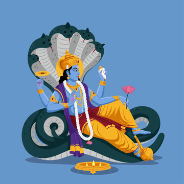 A serene flat design vector illustration of Lord Vishnu, reclining on the cosmic serpent Shesha, holding his divine attributes.