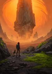 Explorer and Dog Admiring a Towering Rock Formation in a Surreal, Orange Landscape.