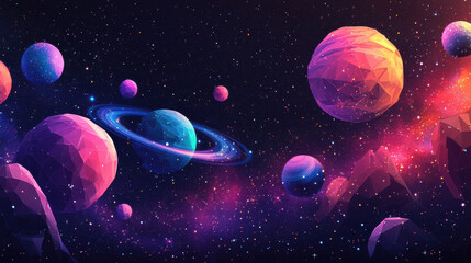 Obraz premium Colorful Geometric Planets and Stars in a Vast Cosmic Scene