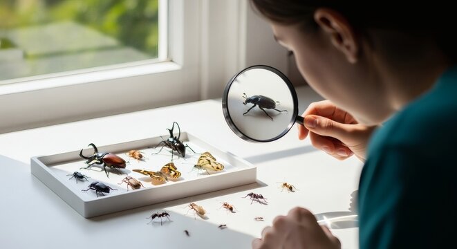 A young entomologist carefully examines a beetle specimen with a magnifying glass from her insect collection. - Powered by Adobe
