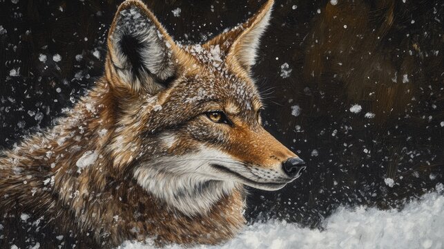Close up profile of a coyote in a snowy winter landscape
