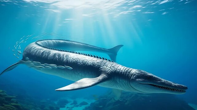 Mosasaurus swims underwater with school of fish, prehistoric ocean predator, paleontology concept, aquatic life, wildlife documentary, marine biology, history, science, education, animal.