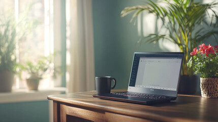 Fototapeta premium Modern Workspace with Laptop and Coffee in Bright Room