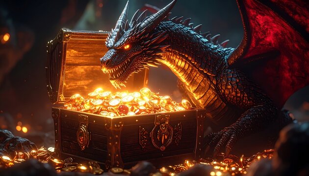 Fierce Dragon with Fiery Eyes Guards a Luminous Treasure Hoard in its Dark Lair
