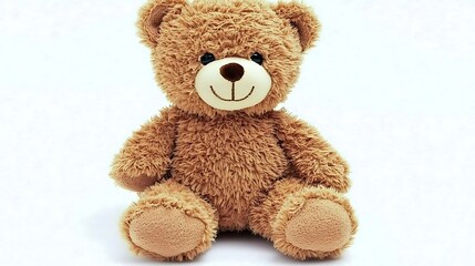 Fototapeta premium Plush toy teddy bear in brown fur sitting upright, captured with RF 50mm lens, detailed soft texture and neutral lighting on white
