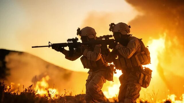 Military personnel in tactical exercise amidst flames