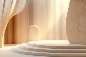 Modern minimalist stage with abstract wood grain background, circular podiums and soft lighting in beige tones for product presentation