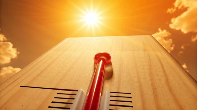 Heat stroke. Thermometer intense sun and bright sky shows high heat and temperature risk of stroke with warm clouds and sunlight