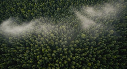 Ethereal Mist Drifting Through Dense Evergreen Forest Canopy From Above