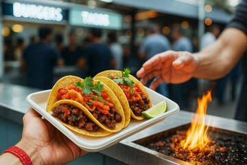 Close-up of freshly made tacos with beef, salsa, and cilantro on a street food stand, vibrant background with people and open flame grill. Ai generative