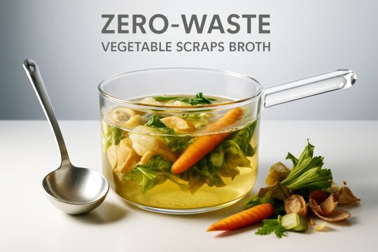 Transparent pot of zero-waste vegetable scraps broth with ladle and fresh ingredients on light background promoting sustainable food use concept. Ai generative