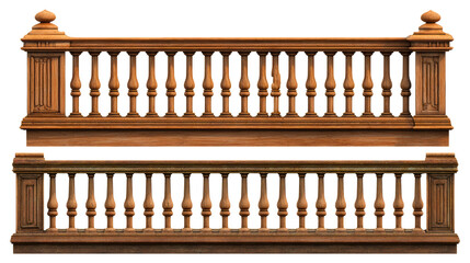 Ornate carved wooden balustrade with turned spindles and decorative newel post