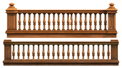 Ornate carved wooden balustrade with turned spindles and decorative newel post