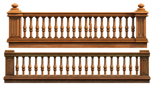 Ornate carved wooden balustrade with turned spindles and decorative newel post